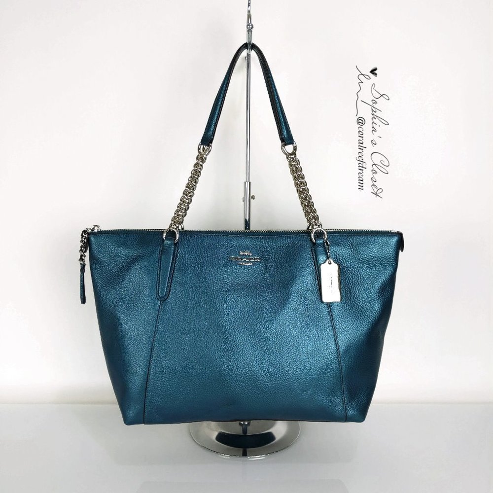 Coach Metallic Teal Leather Tote with Chain Handles